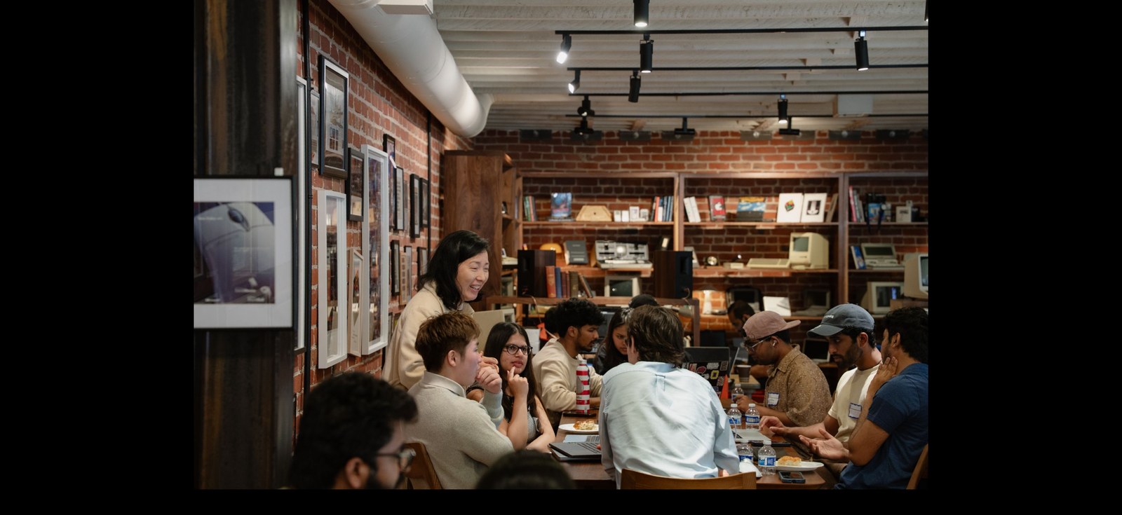 Team collaborating around a communal table